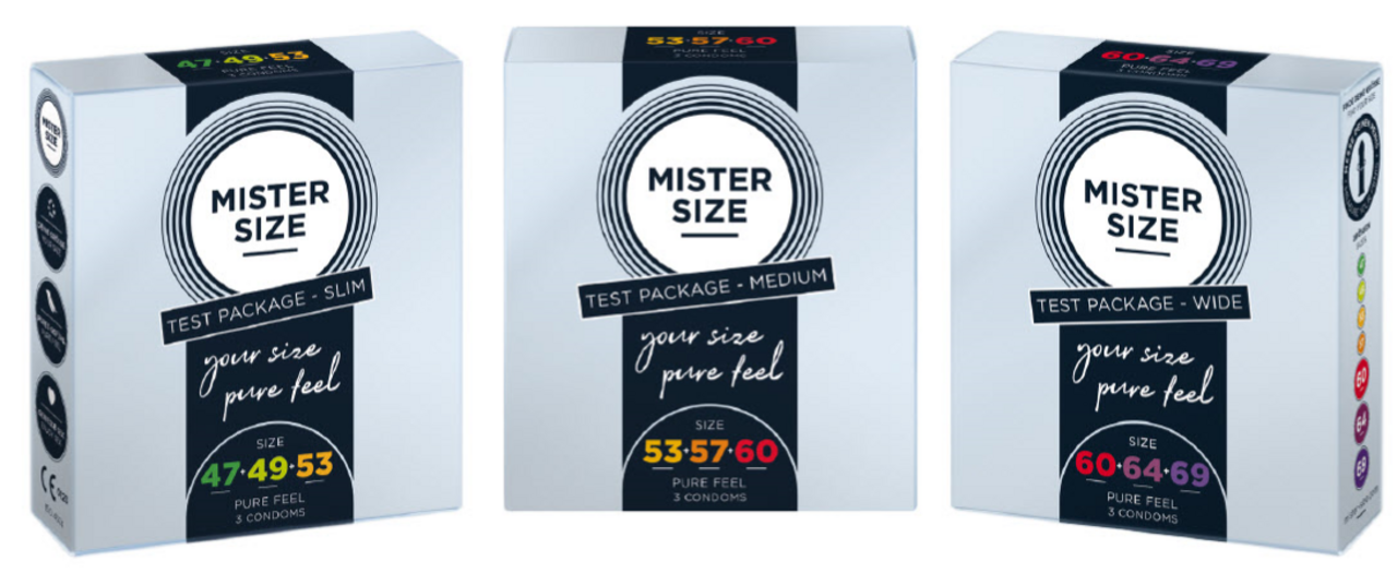 Trei pachete diferite de testare a prezervativelor Mister Size