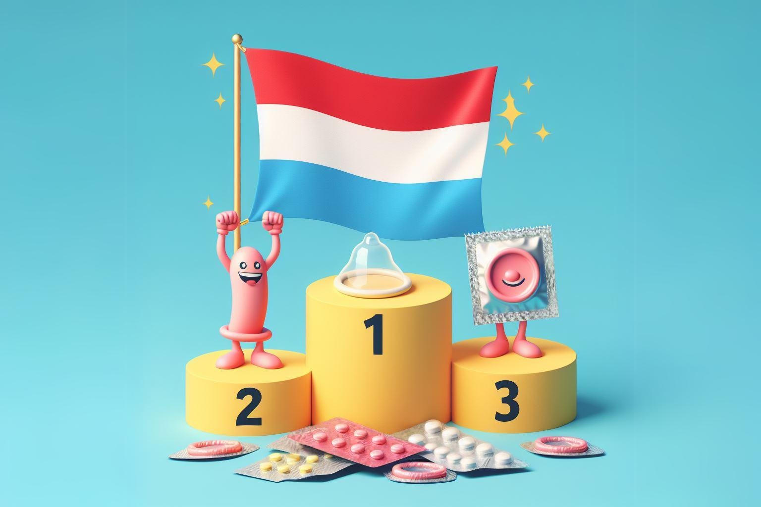 Steagul luxemburghez ca număr 1 pe un podium de învingători pe tema contracepției