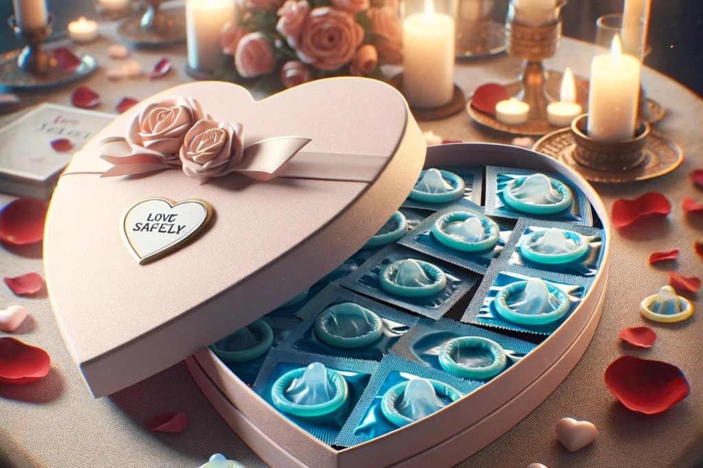 Prezervative într-o cutie în formă de inimă pentru Ziua Îndrăgostiților